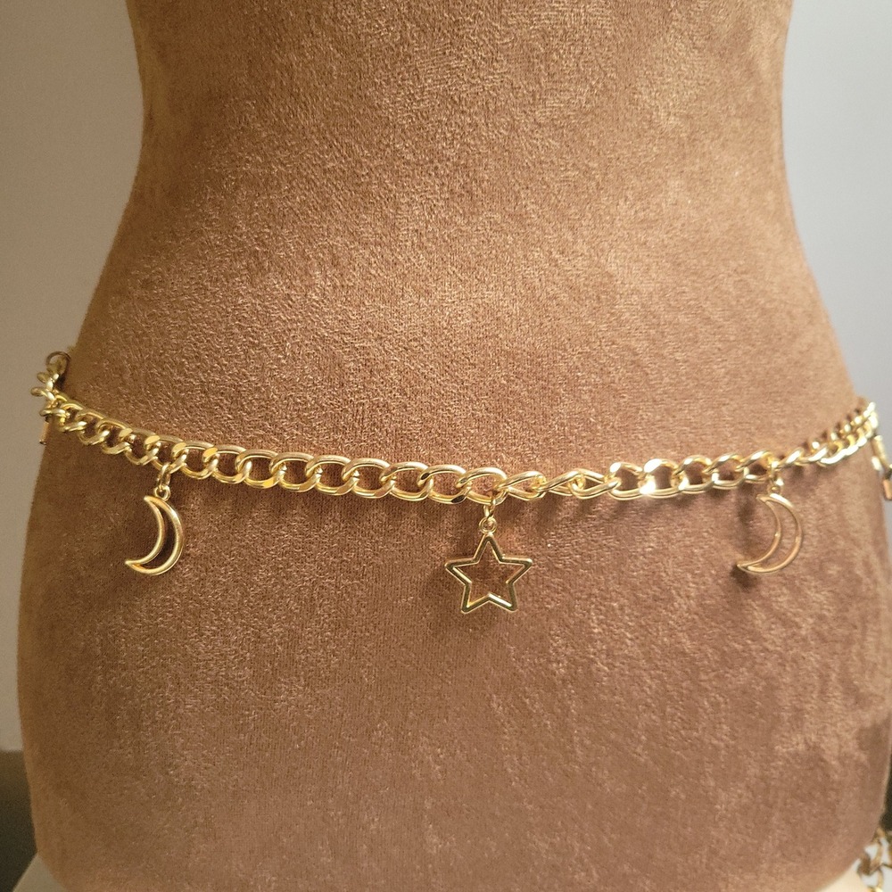 Gold Celestial Moon and Star Charm Chain Belt Adjustable 46" Size XL Celestial